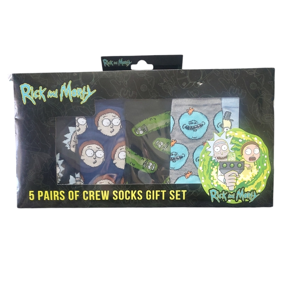 Rick & Morty Hipnotic Hats 5 Pairs of Crew Socks Gift Set Shoe Size 6-12 NIB
